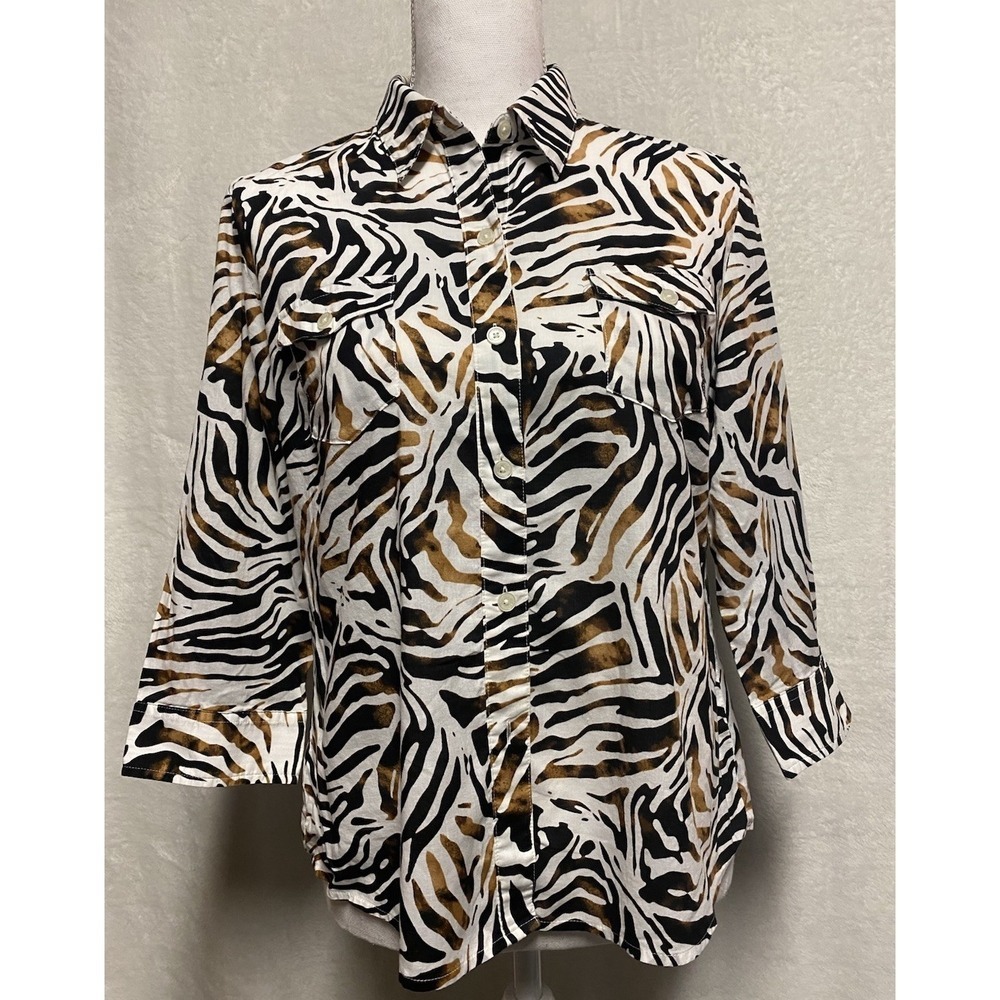 Jones New York Signature Petite Animal Print 3/4 Sleeve Blouse Women's Size PL